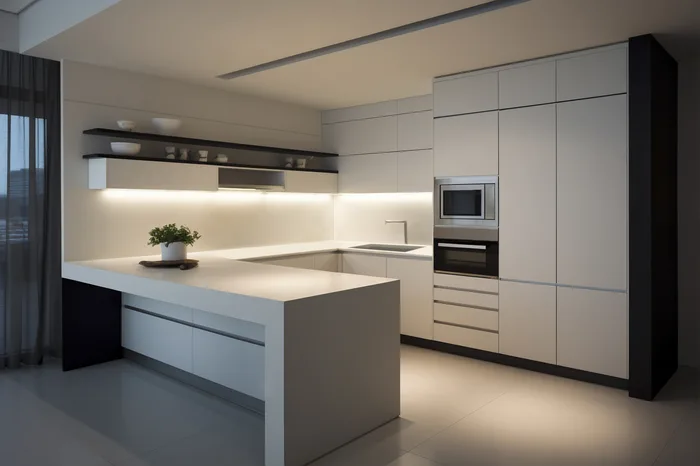 Cozinha planejada branca com ilha e iluminação embutida